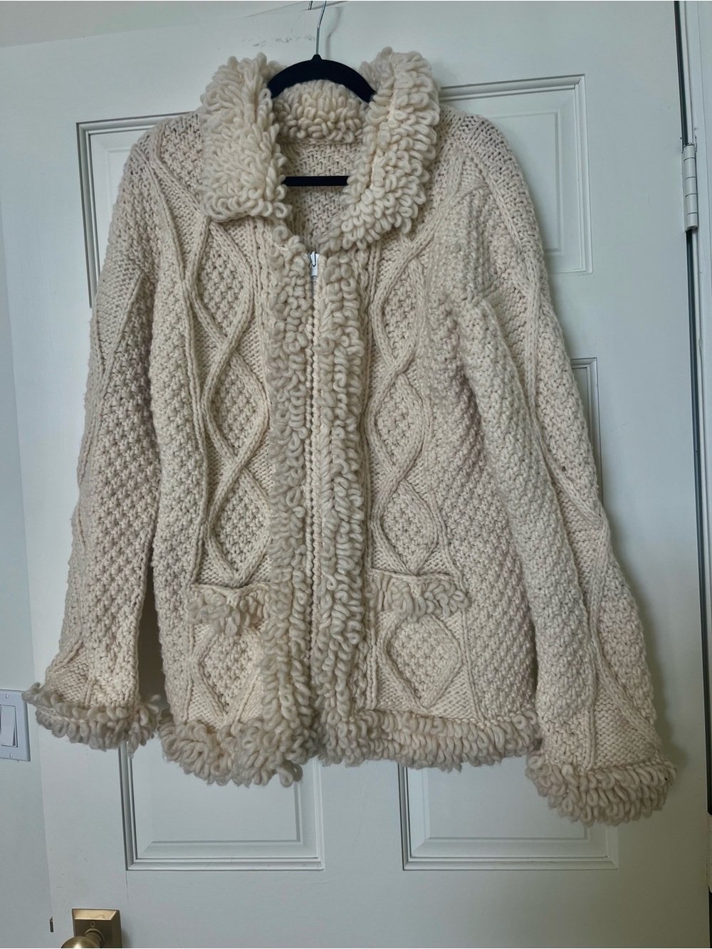 South American Hand Knit Cream Wool Sweater Jacket w Loop Stitch Detail -Sz Smal